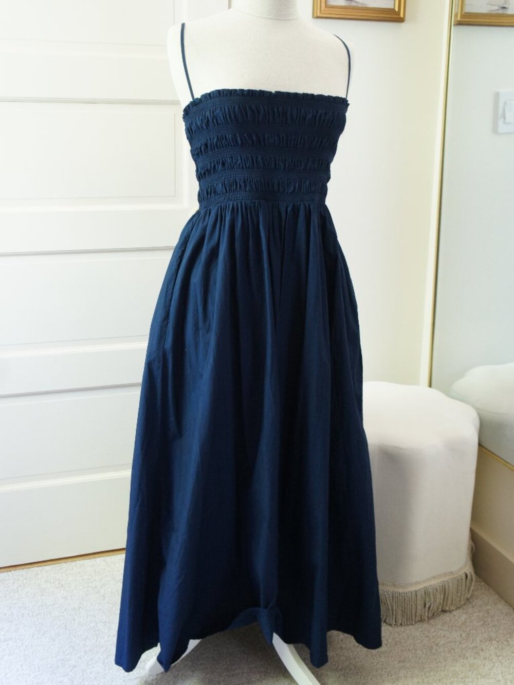 LOFT Navy Blue Long Smocked Cotton Poplin Maxi Dress Size Medium